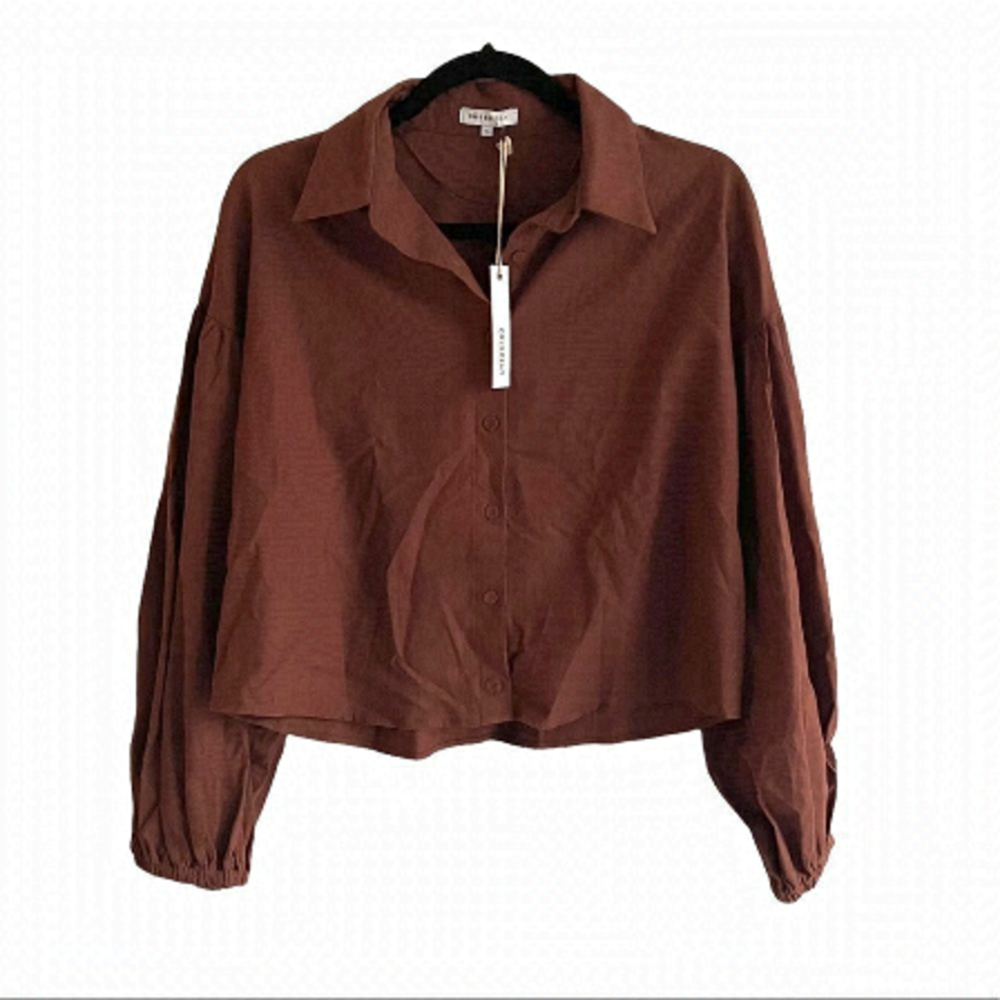 Crescent Brown Linen Cropped Button Front Blouse S